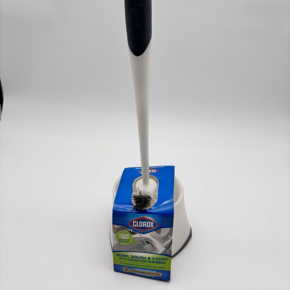 Clorox Toilet Bowl Brush and Caddy Set with Under Rim Scrubber Antimicrobial New